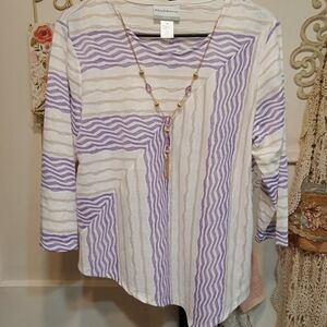 Alfred Dunner Women's Lavender and White Striped Asymmetrical Blouse w/Necklace